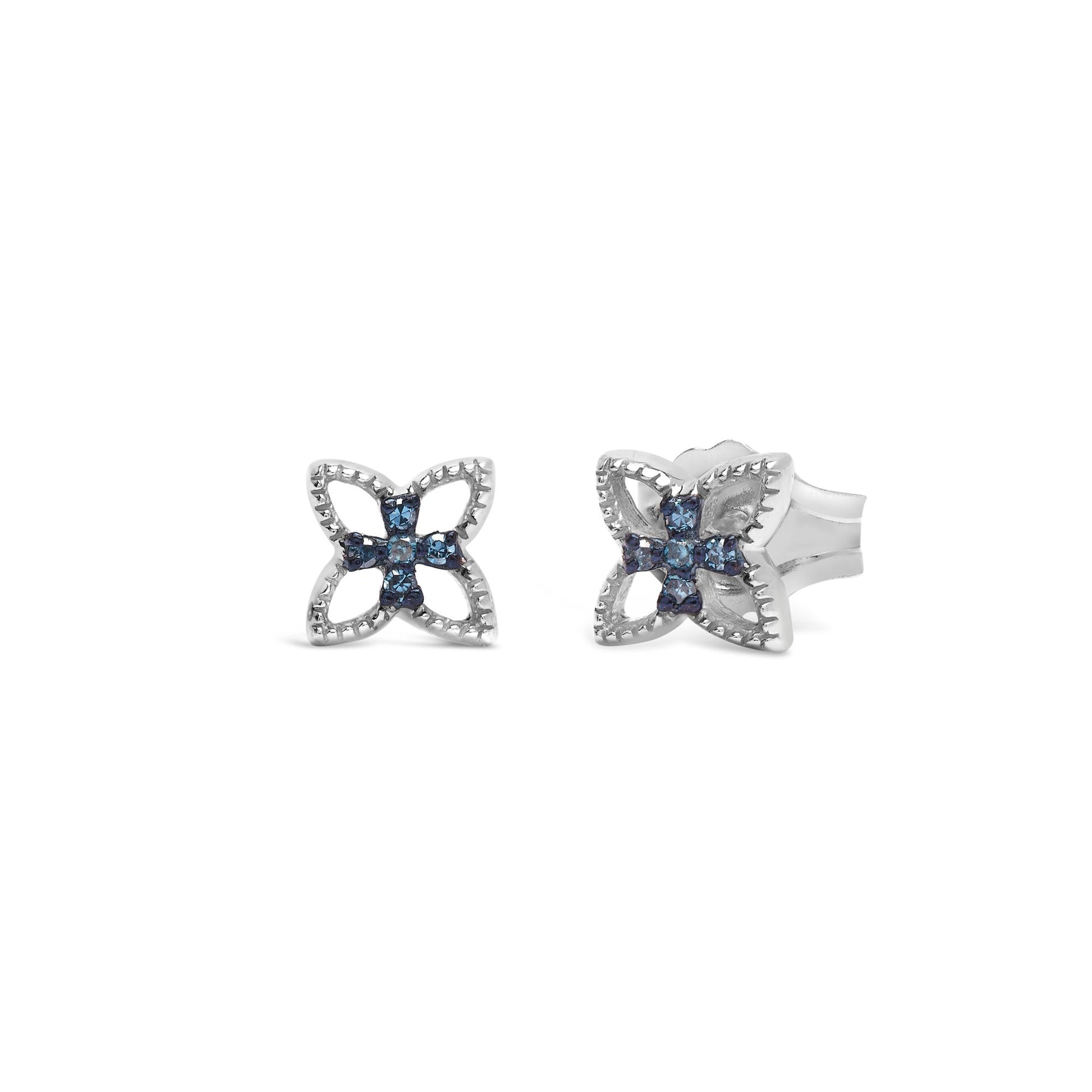 Front-facing shot of white metal earrings with a flower-like design featuring round blue gemstones in prong settings.