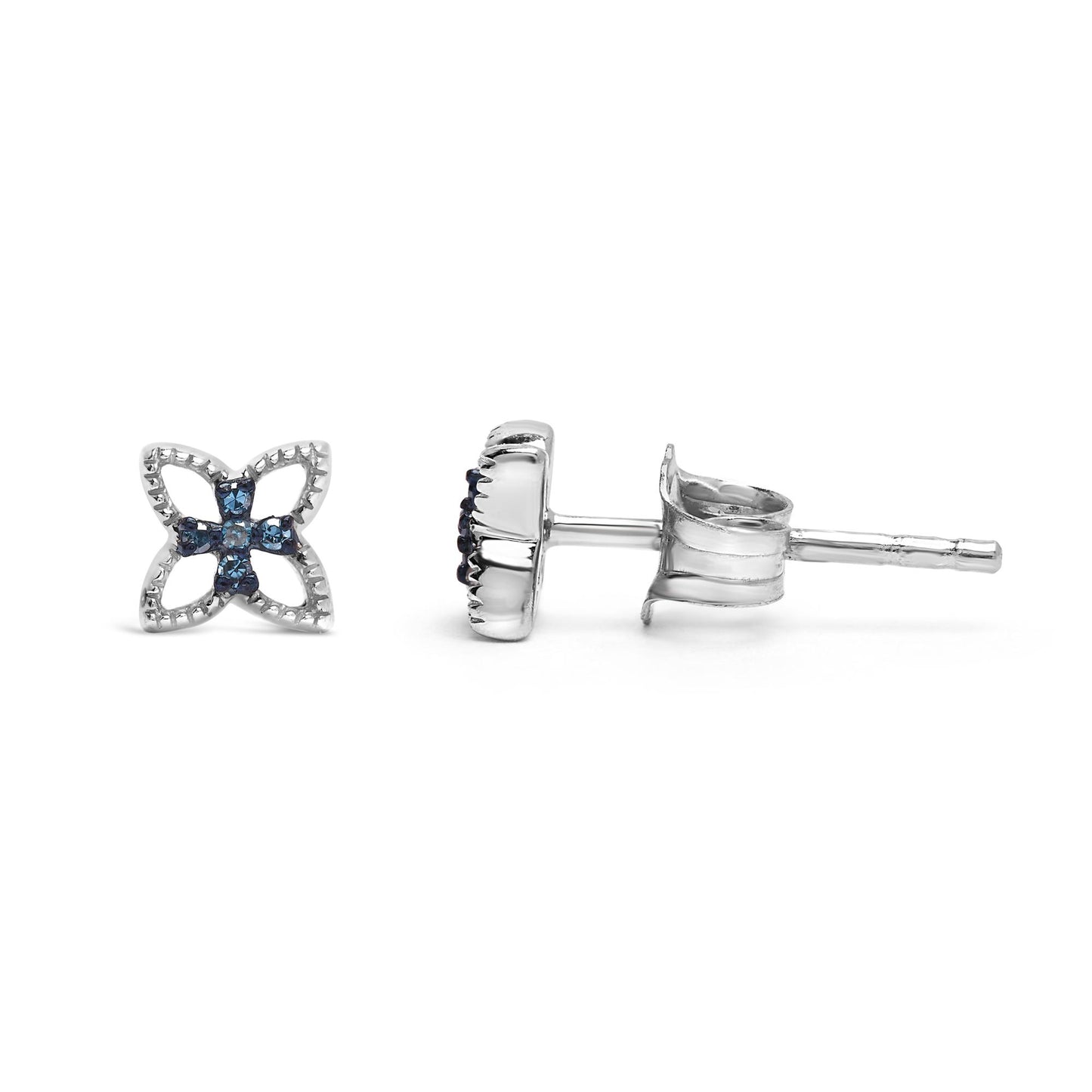 Close-up image of a pair of white metal stud earrings with a floral design featuring round prong-set blue gemstones, shown from the front and side angles on a white background.