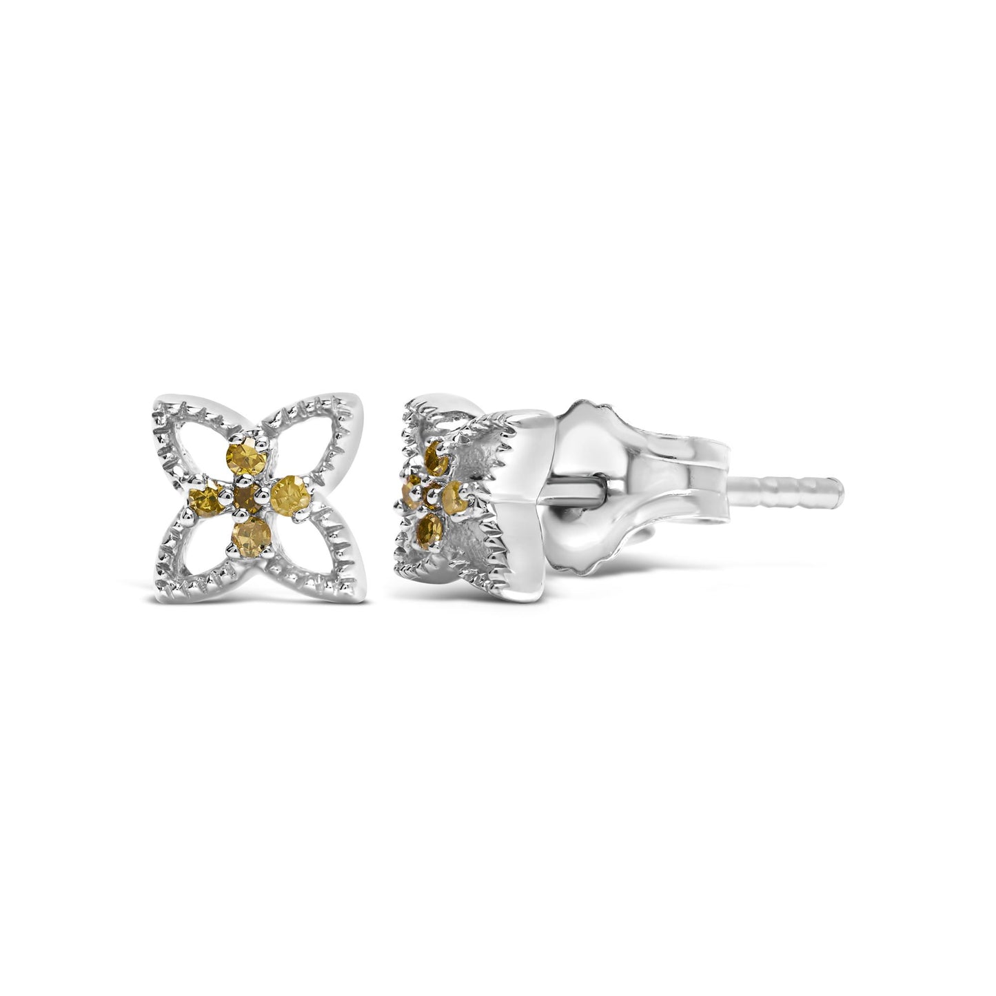 Pair of white metal stud earrings with a four-petal flower design featuring round yellow gemstones in prong settings, shown from front and side angles.