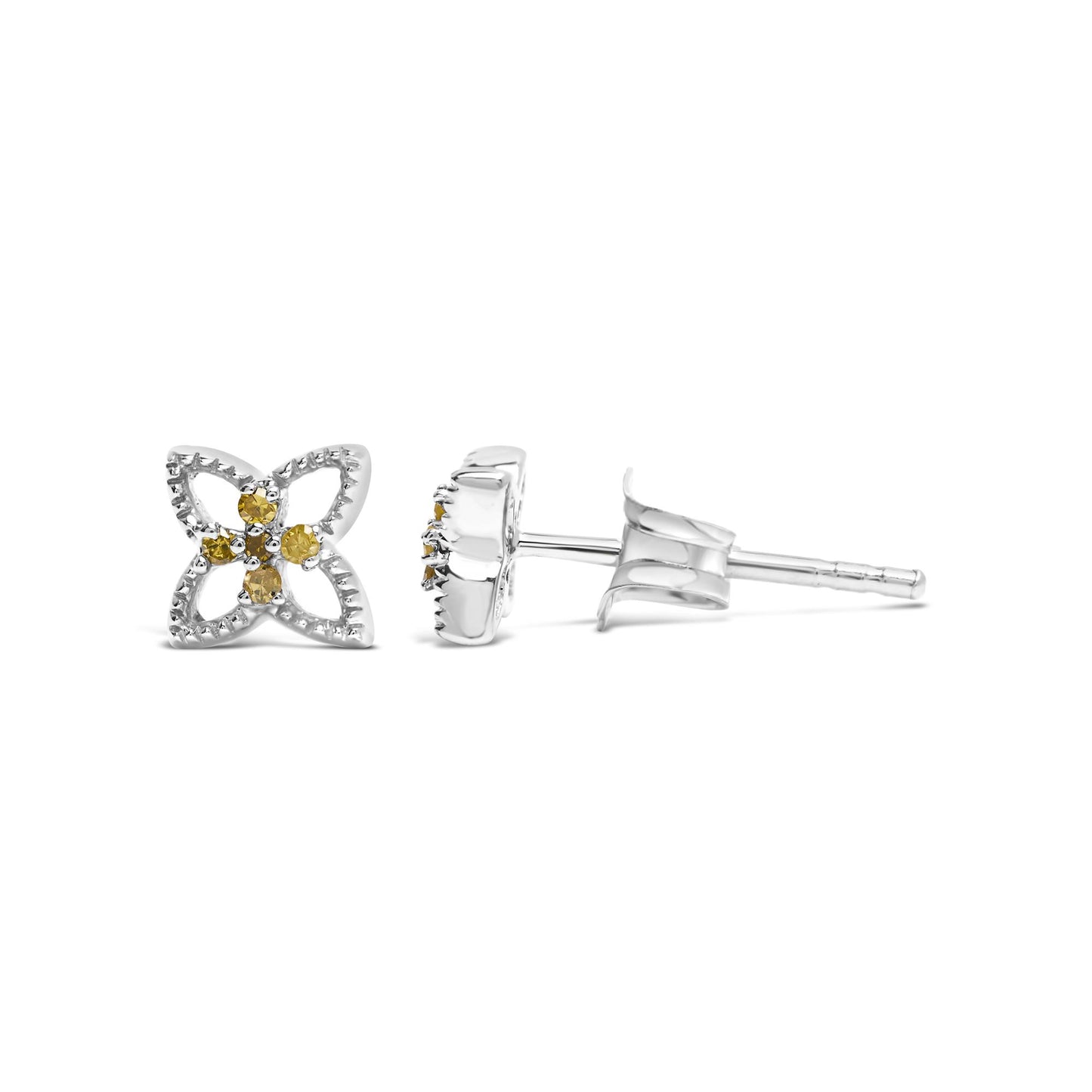 White metal stud earrings with flower-shaped design featuring round yellow gemstones in prong settings, shown from front and side angles.