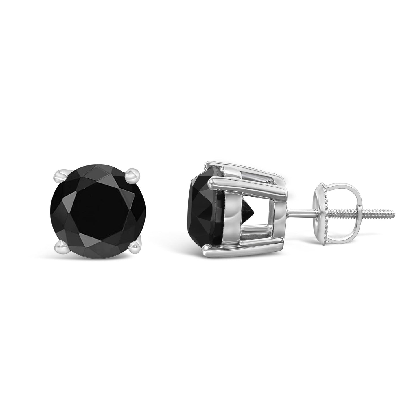 Pair of white metal stud earrings with round black gemstones in four-prong settings, shown from front and side angles.