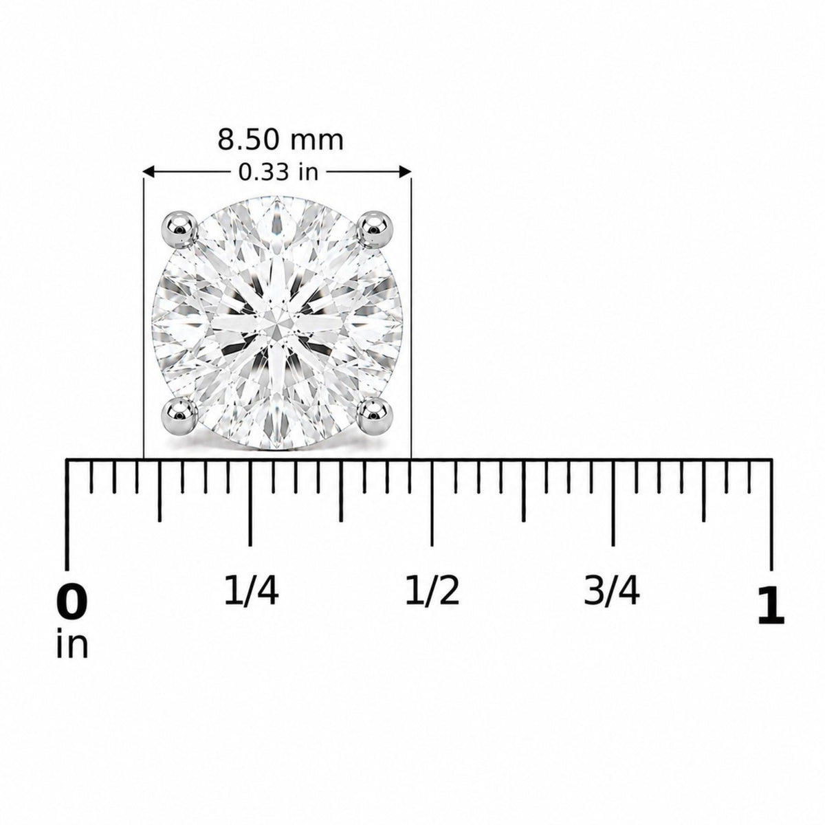 Close-up front view of a white earring with a round white gemstone in a four-prong setting, shown on a scale.