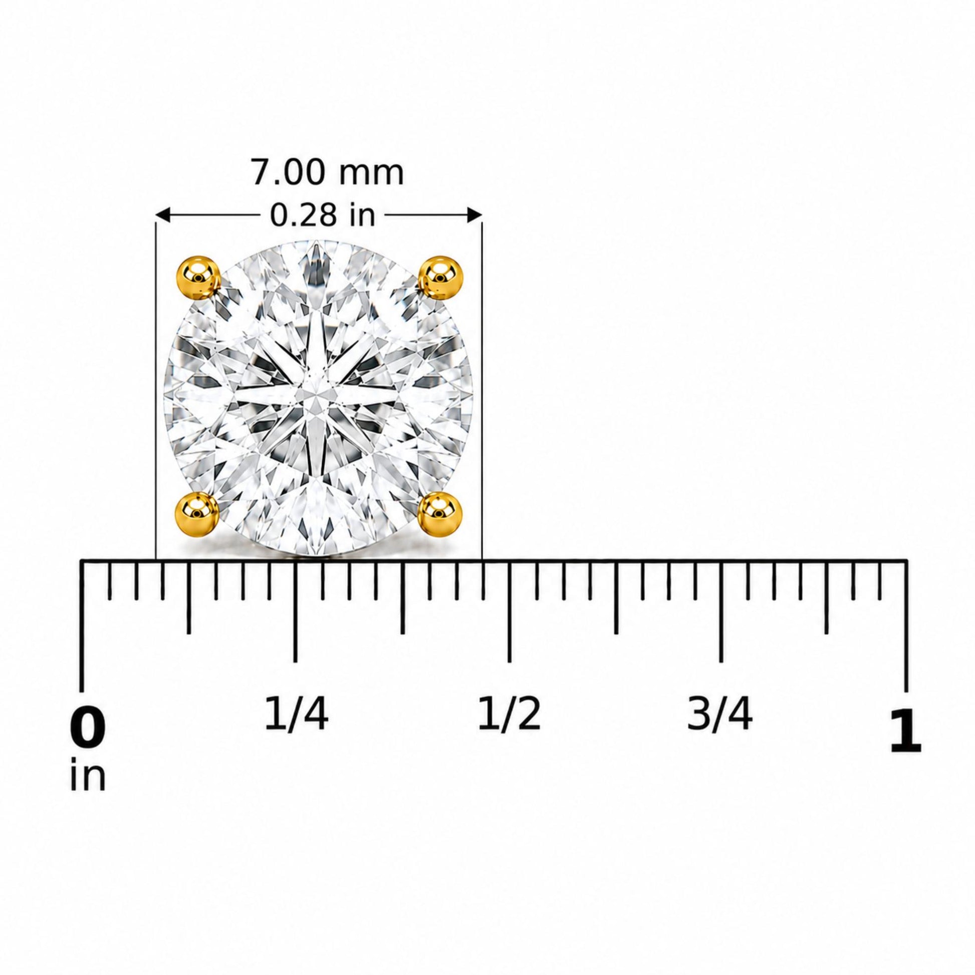 Close-up front view of a single yellow metal round stud earring with a white round gemstone in four-prong setting, shown on a scale.