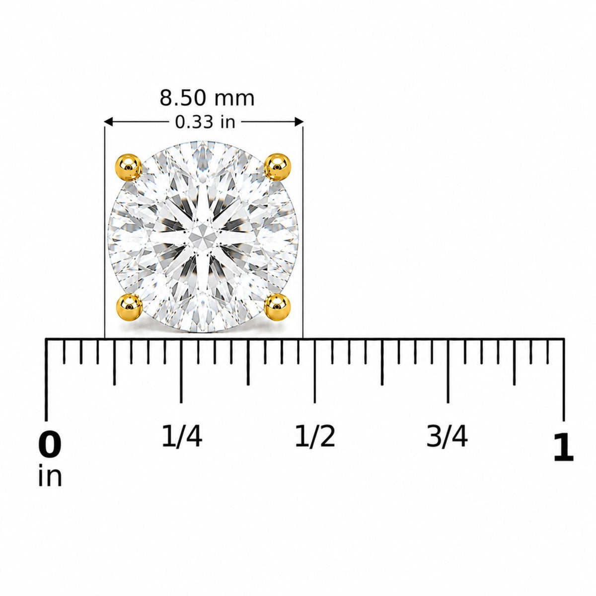 Close-up front view of a round white gemstone stud earring with four yellow prongs, shown on a measuring scale.