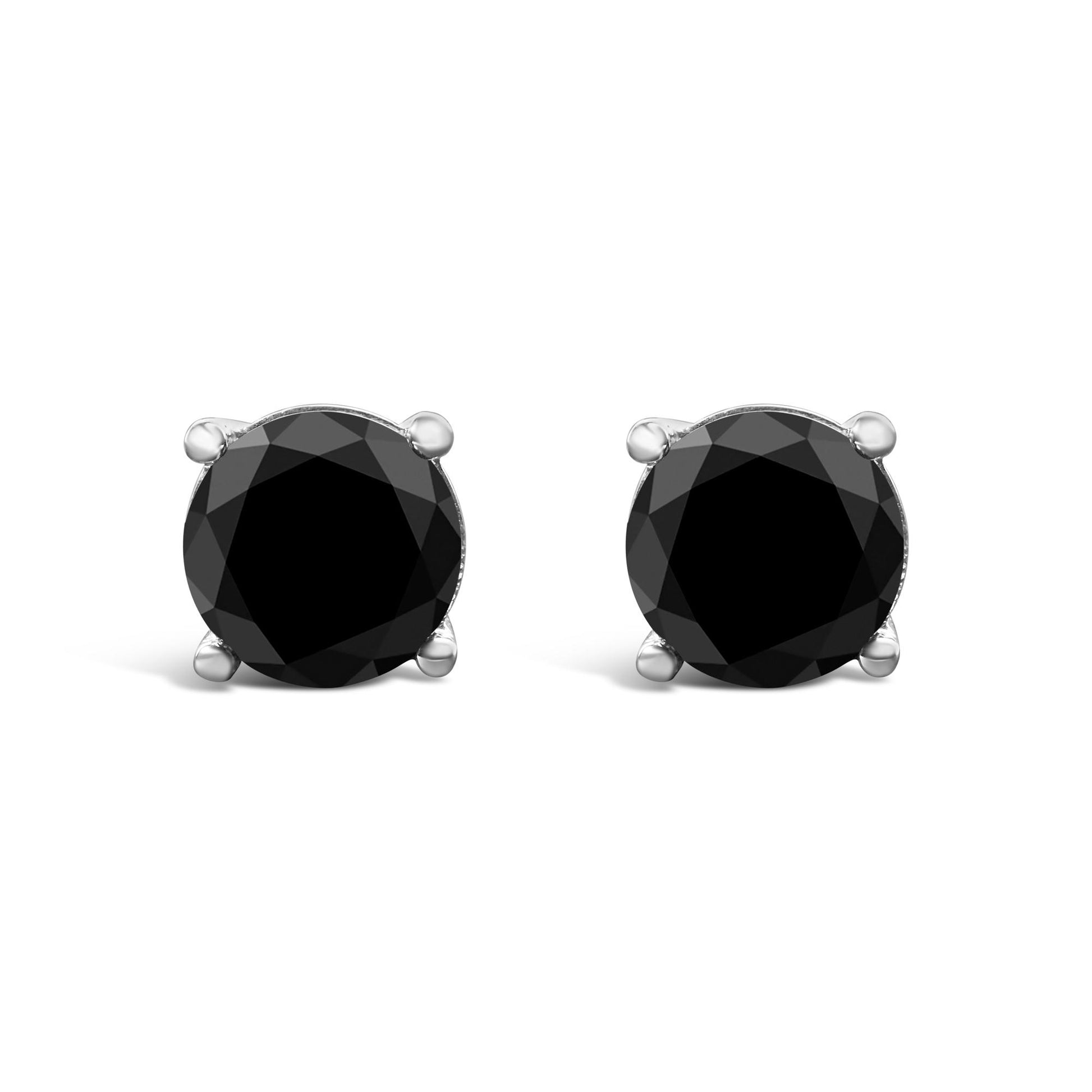 Front view of a pair of white metal stud earrings featuring round black gemstones in a 4-prong setting.