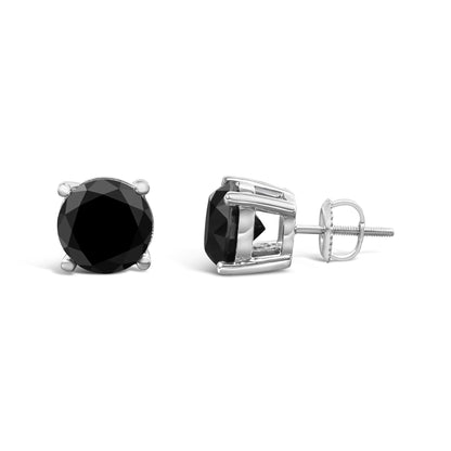 Pair of white metal stud earrings with round black gemstones in 4-prong settings, shown from front and side angles on a white background.