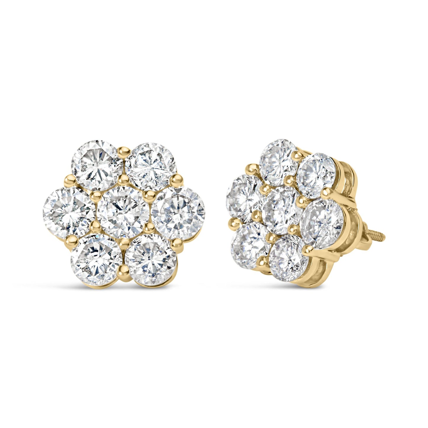 Pair of yellow metal earrings with cluster of round white gemstones in prong settings, shown at front and angled side views.