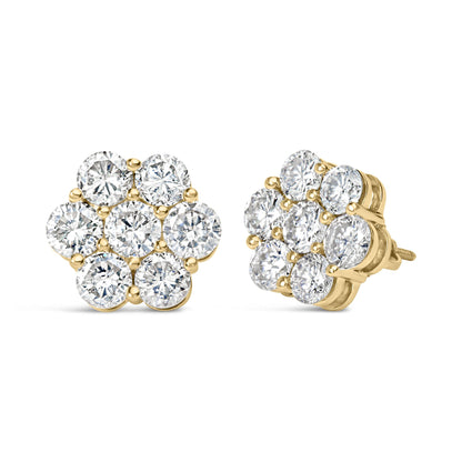Pair of yellow metal earrings with cluster of round white gemstones in prong settings, shown at front and angled side views.