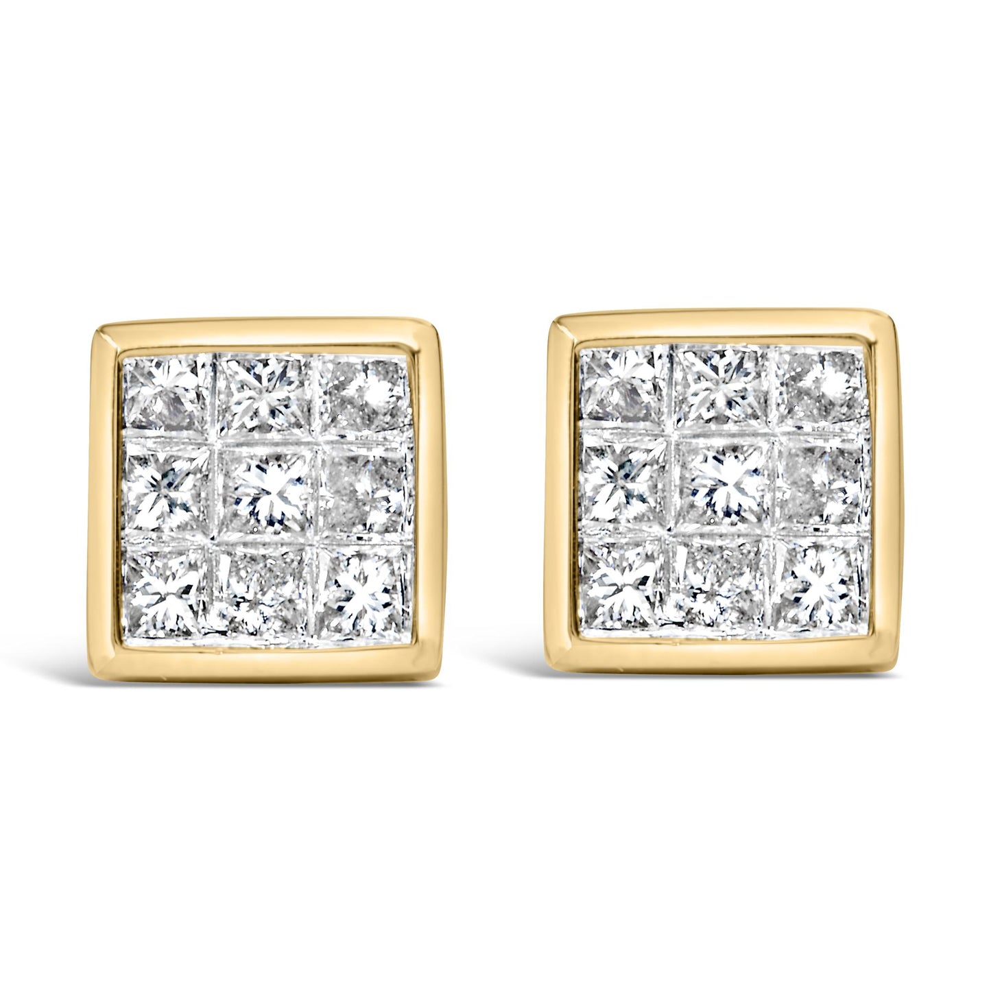 Front view of a pair of square yellow metal stud earrings with multiple white princess-shaped gemstones set invisibly.