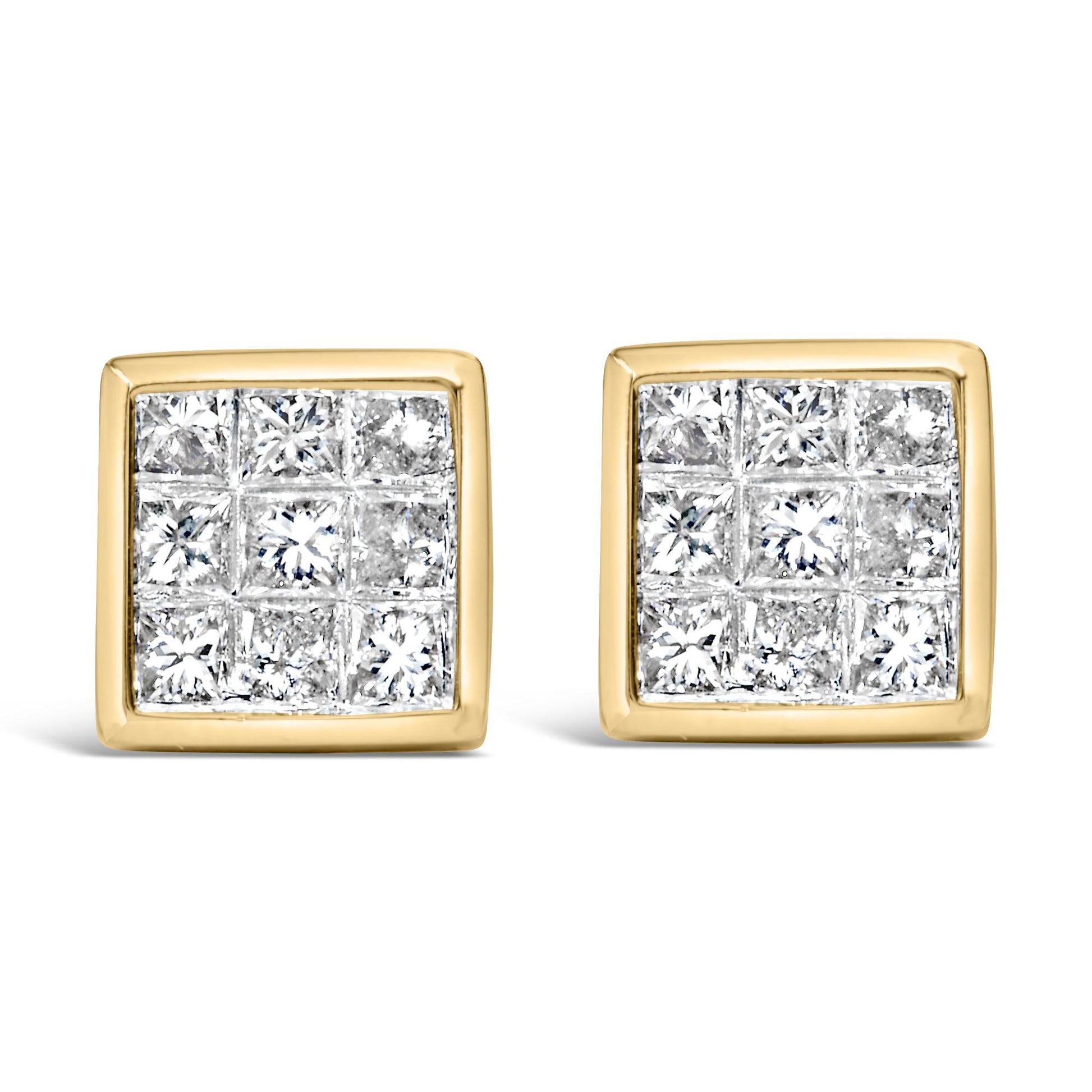 Front view of a pair of square yellow metal stud earrings with multiple white princess-shaped gemstones set invisibly.