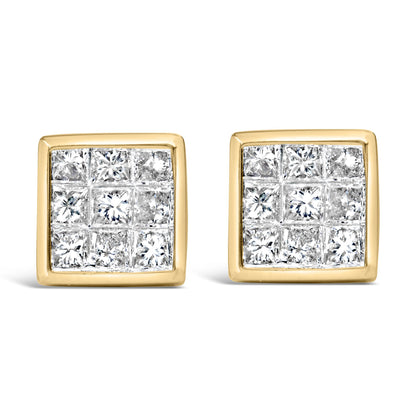 Front view of a pair of square yellow metal stud earrings with multiple white princess-shaped gemstones set invisibly.