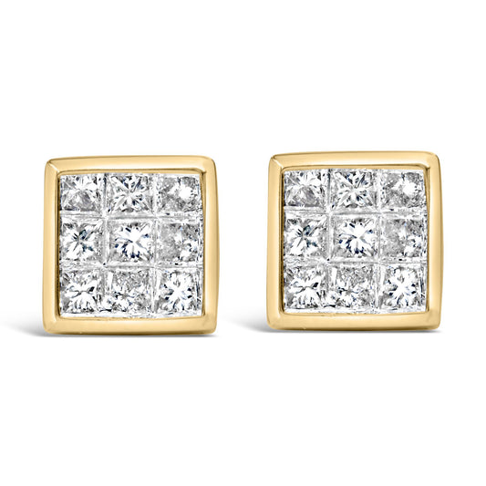 Front view of a pair of square yellow metal stud earrings with multiple white princess-shaped gemstones set invisibly.
