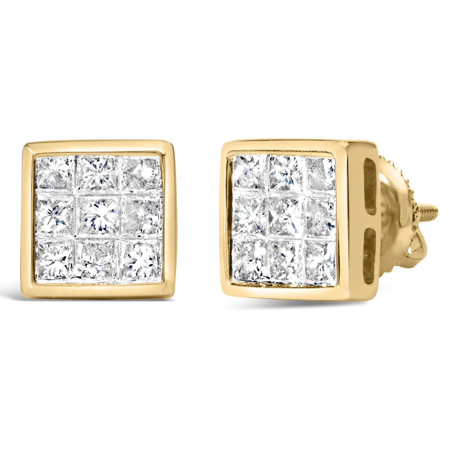Pair of yellow metal square earrings with invisible-set white princess-shaped gemstones, front and angled side view.