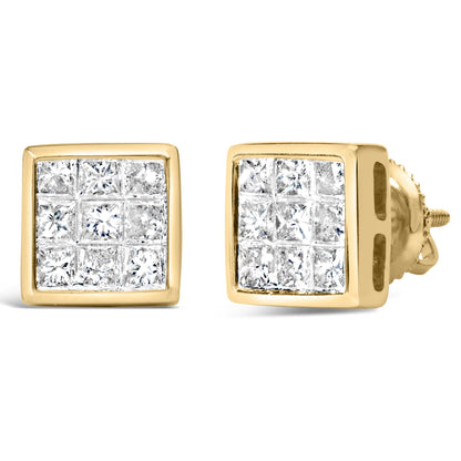 Pair of yellow metal square earrings with invisible-set white princess-shaped gemstones, front and angled side view.