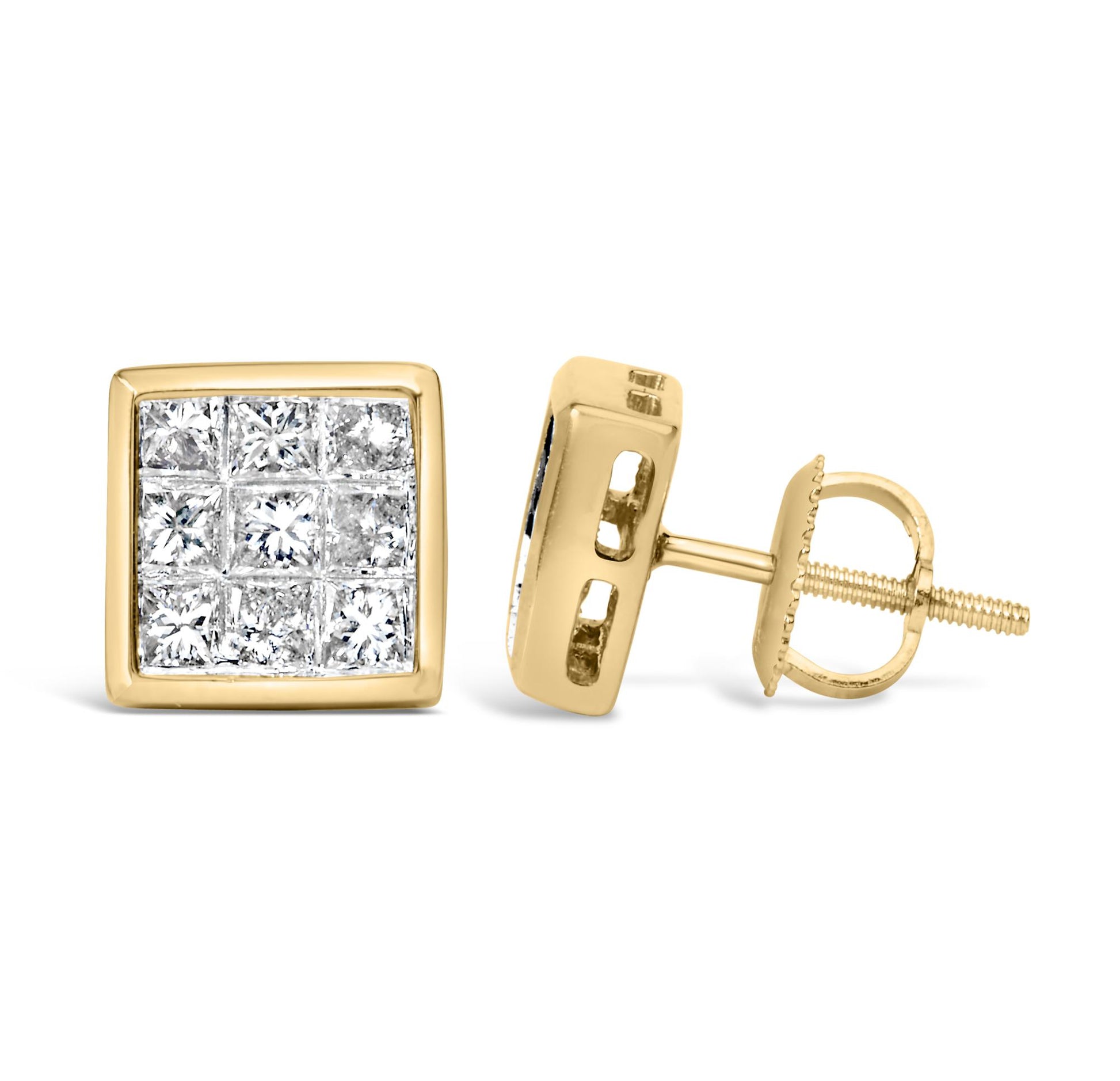 Front and side views of yellow metal square earrings featuring an invisible setting of white princess-shaped gemstones, shown on a white background.