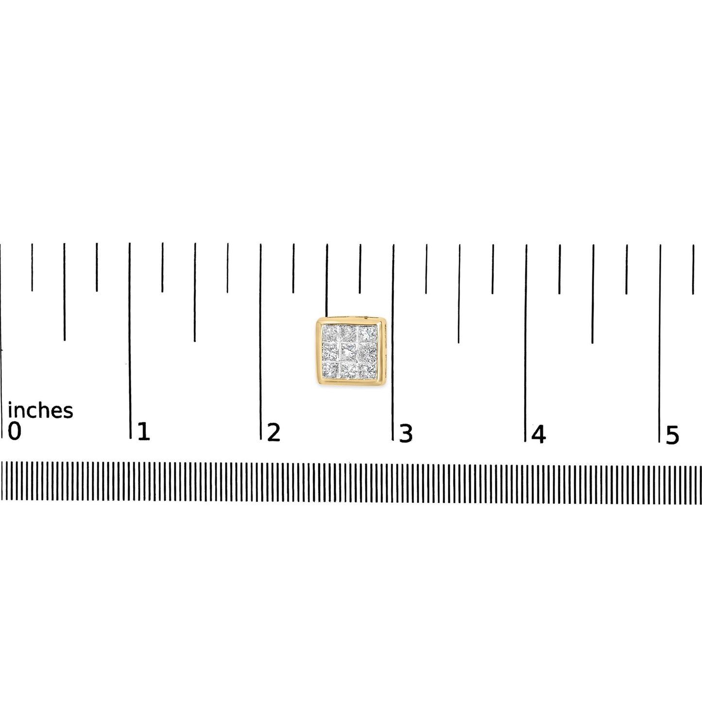 Top-down view of a yellow metal square earring with multiple white princess shape gemstones in an invisible setting, placed on a ruler for size reference.