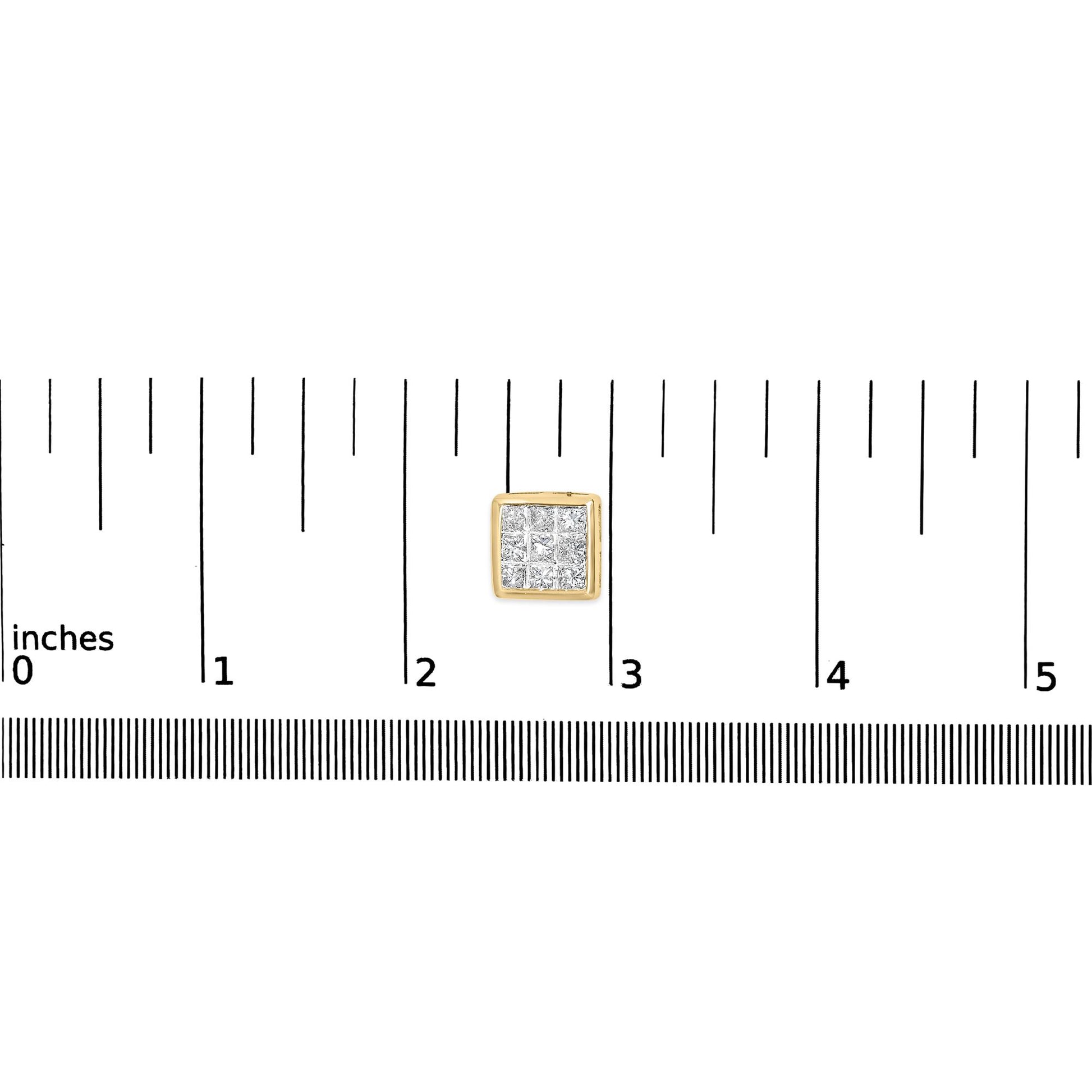 Top-down view of a yellow metal square earring with multiple white princess shape gemstones in an invisible setting, placed on a ruler for size reference.