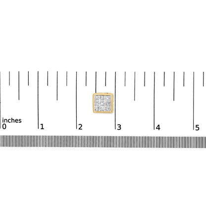 Top-down view of a yellow metal square earring with multiple white princess shape gemstones in an invisible setting, placed on a ruler for size reference.