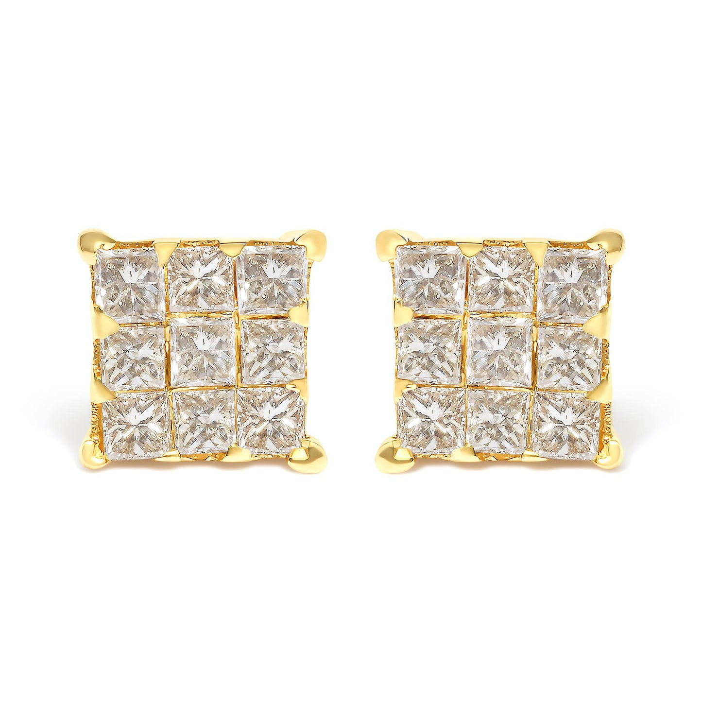 Front view of square-shaped yellow metal earrings with multiple white princess-shaped gemstones in invisible setting.