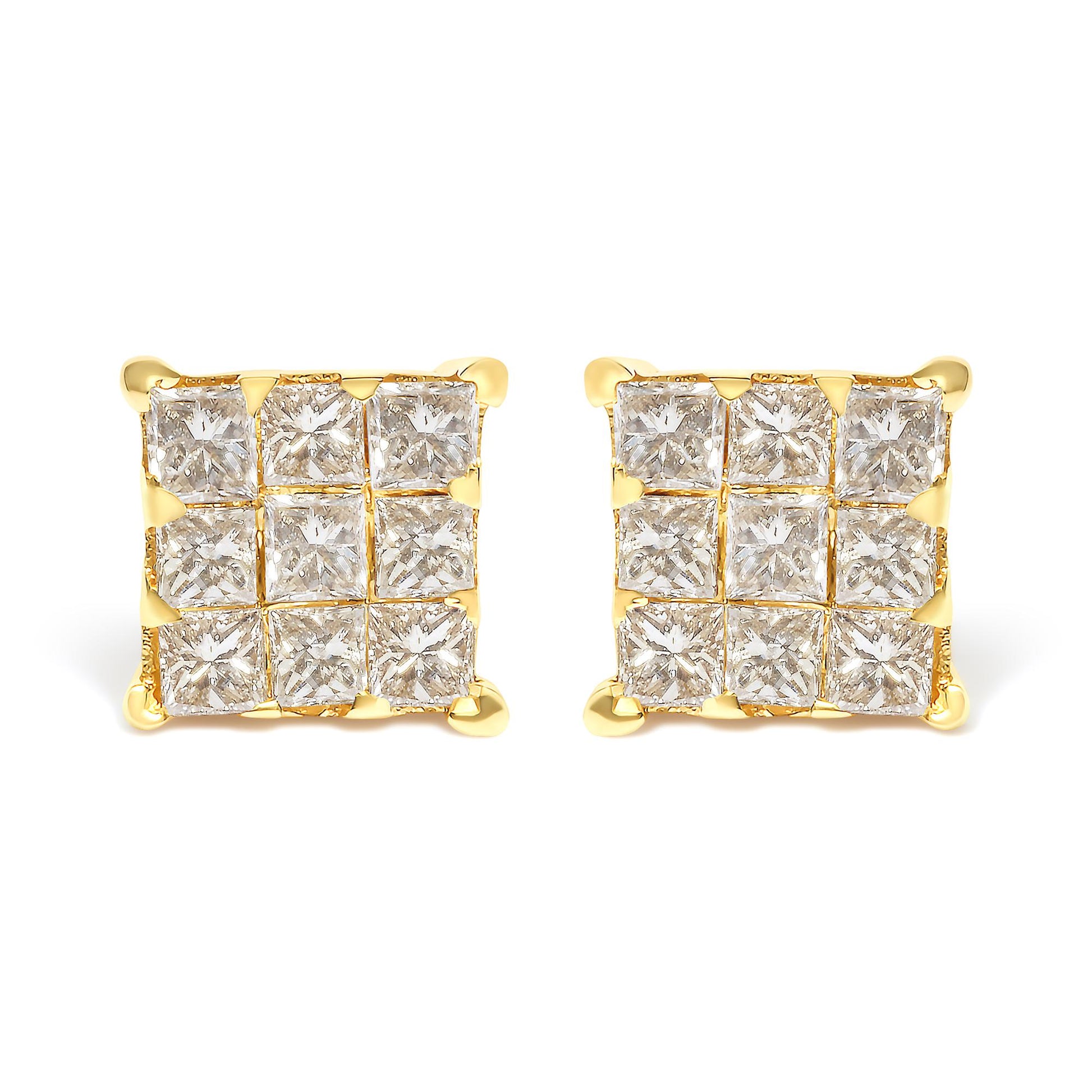 Front view of square-shaped yellow metal earrings with multiple white princess-shaped gemstones in invisible setting.