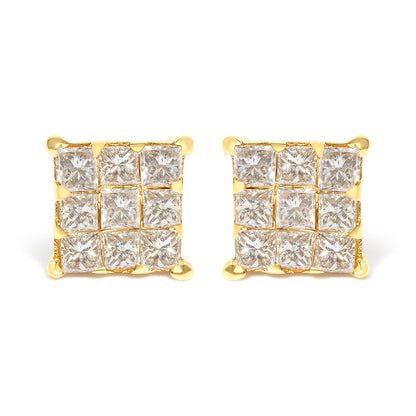 Front view of square-shaped yellow metal earrings with multiple white princess-shaped gemstones in invisible setting.