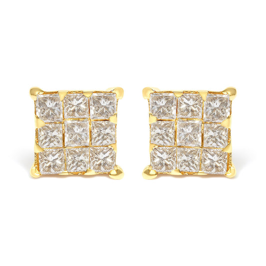 Front view of square-shaped yellow metal earrings with multiple white princess-shaped gemstones in invisible setting.