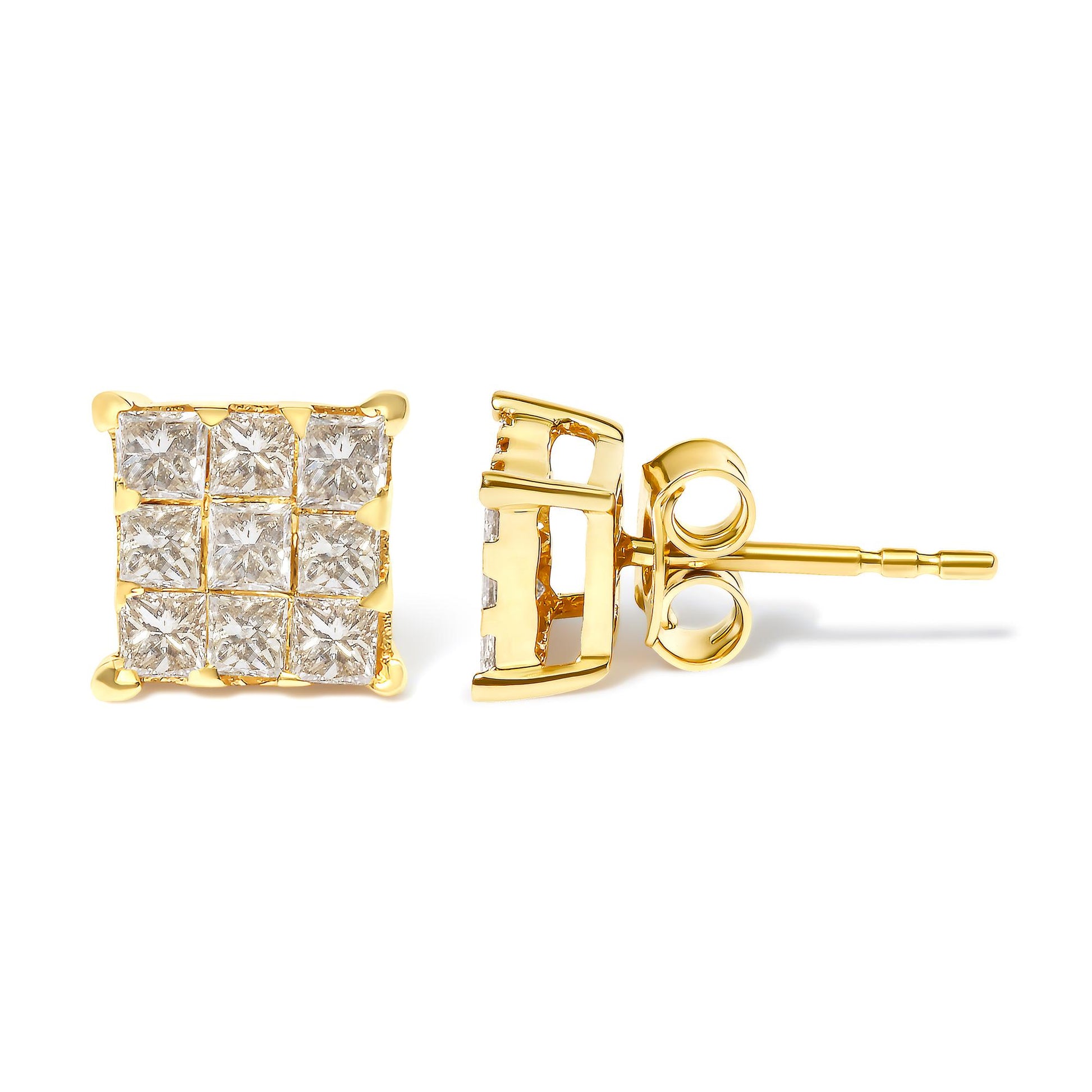 Front and side view of yellow metal square stud earrings with white princess shape gemstones in invisible setting.