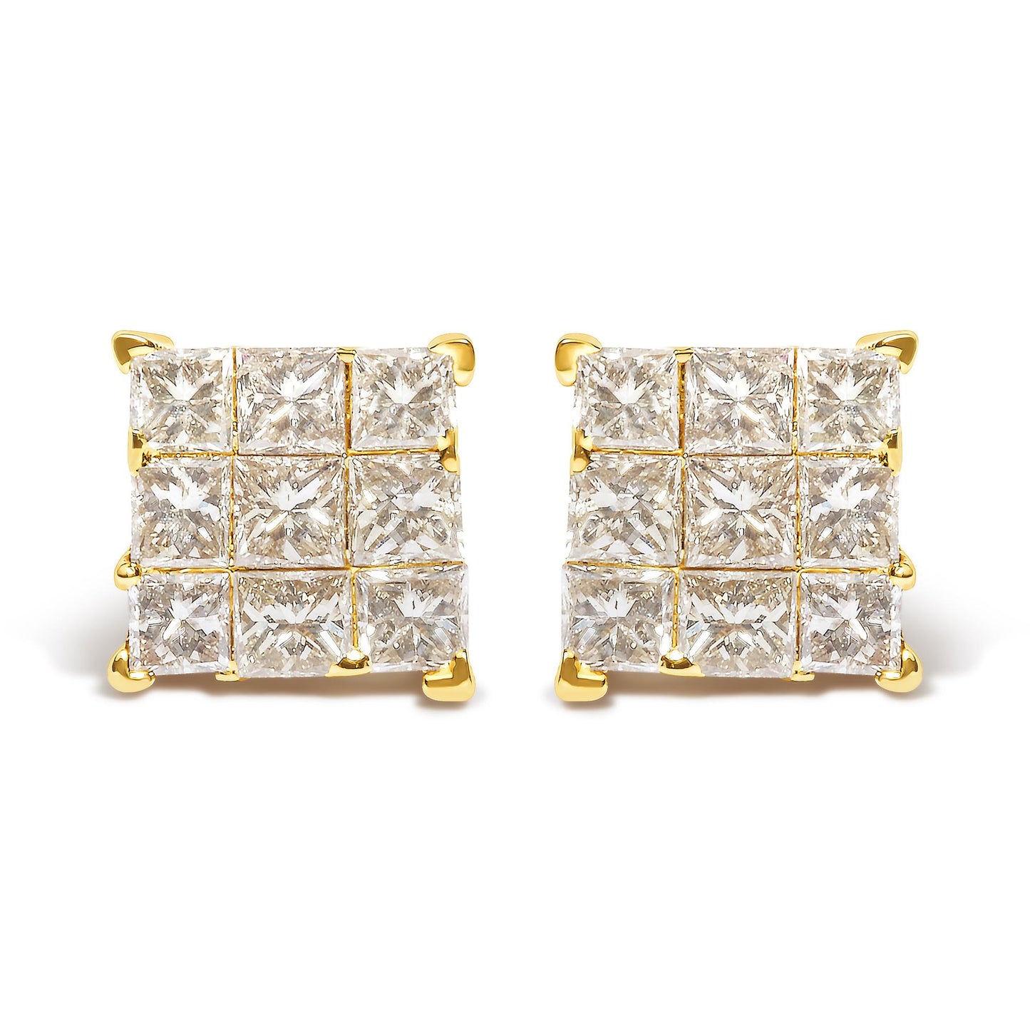Front-facing shot of square-shaped yellow metal earrings featuring clusters of small white princess-shaped gemstones in an invisible setting.
