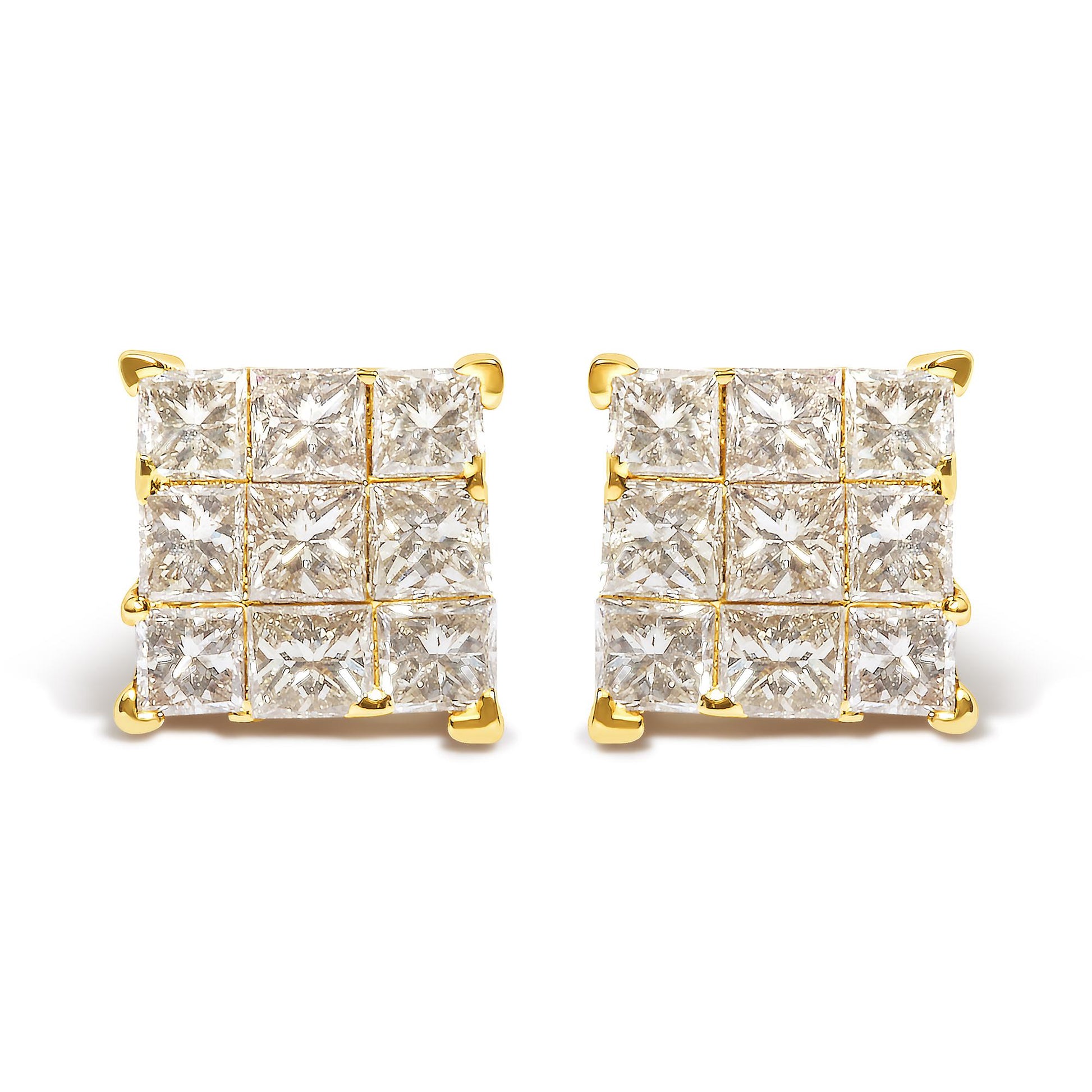 Front-facing shot of square-shaped yellow metal earrings featuring clusters of small white princess-shaped gemstones in an invisible setting.