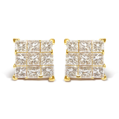 Front-facing shot of square-shaped yellow metal earrings featuring clusters of small white princess-shaped gemstones in an invisible setting.