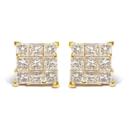 Front-facing shot of square-shaped yellow metal earrings featuring clusters of small white princess-shaped gemstones in an invisible setting.