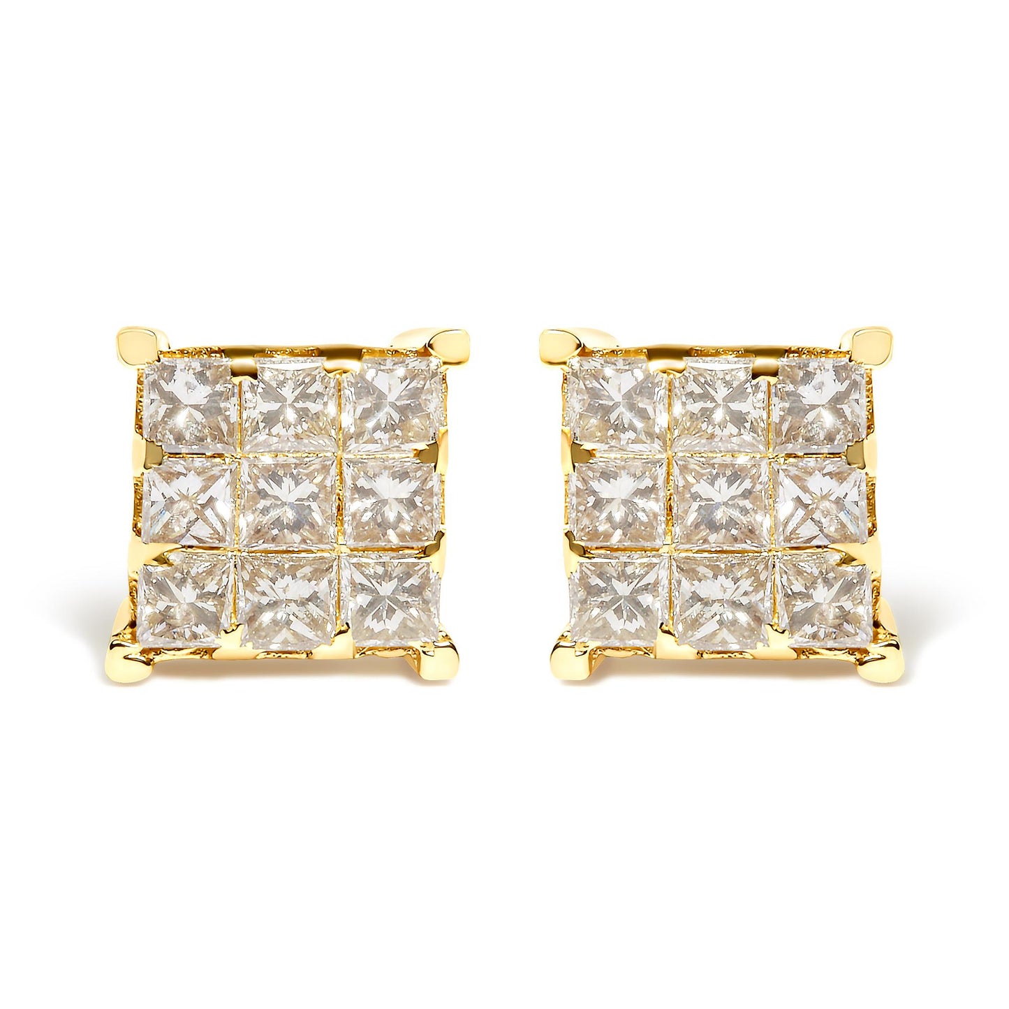 Pair of square yellow metal earrings with white princess shape gemstones in invisible setting, front view.