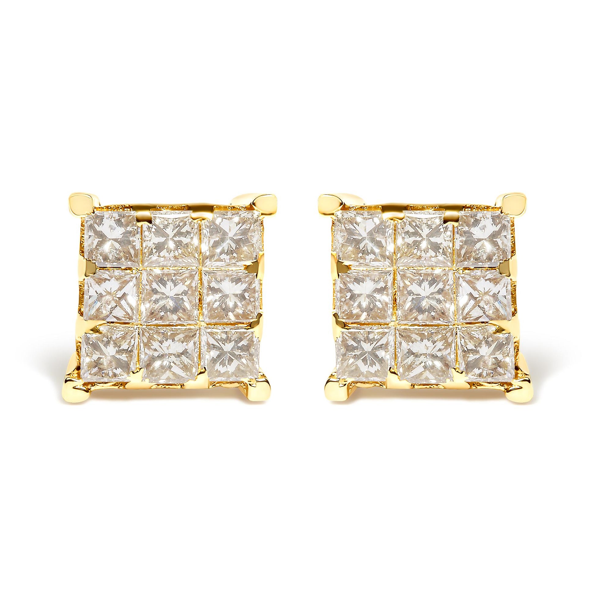 Pair of square yellow metal earrings with white princess shape gemstones in invisible setting, front view.