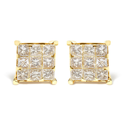 Pair of square yellow metal earrings with white princess shape gemstones in invisible setting, front view.
