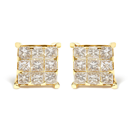 Pair of square yellow metal earrings with white princess shape gemstones in invisible setting, front view.