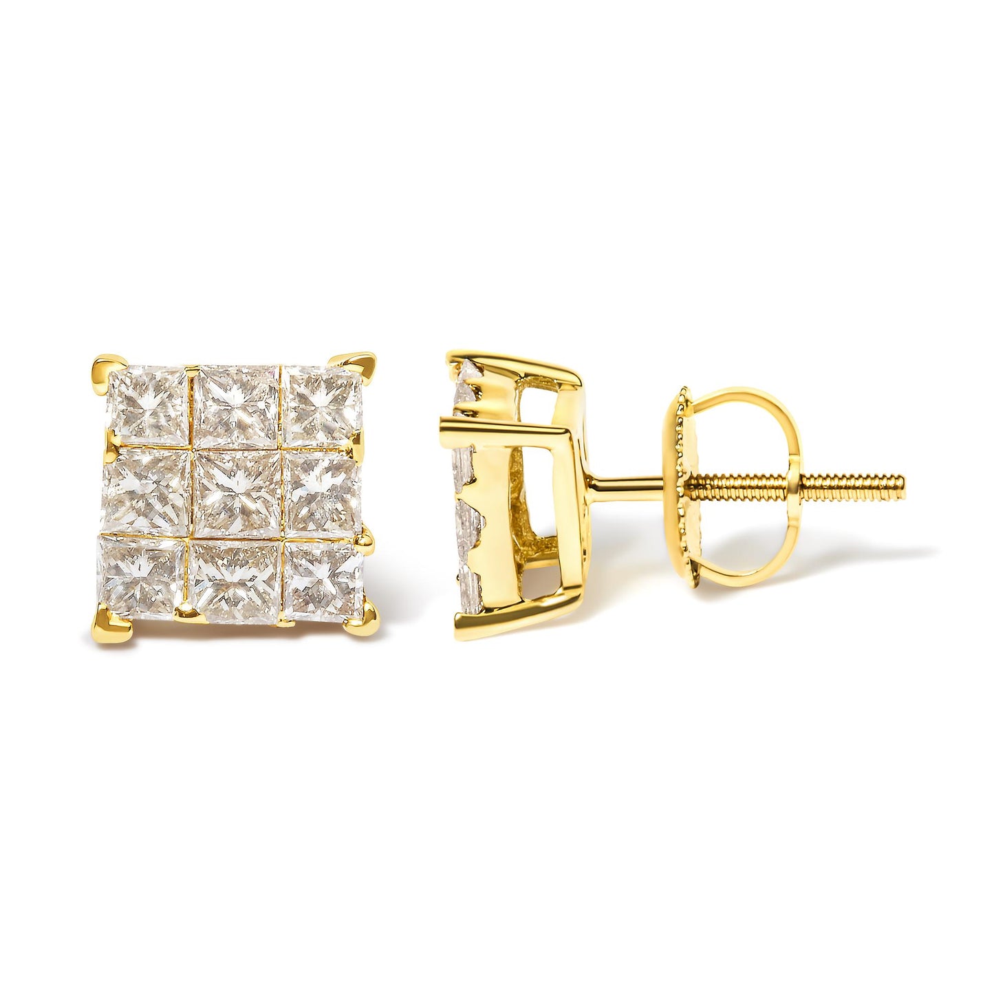 Front and side view of yellow metal stud earrings with multiple white princess shape gemstones in invisible setting.