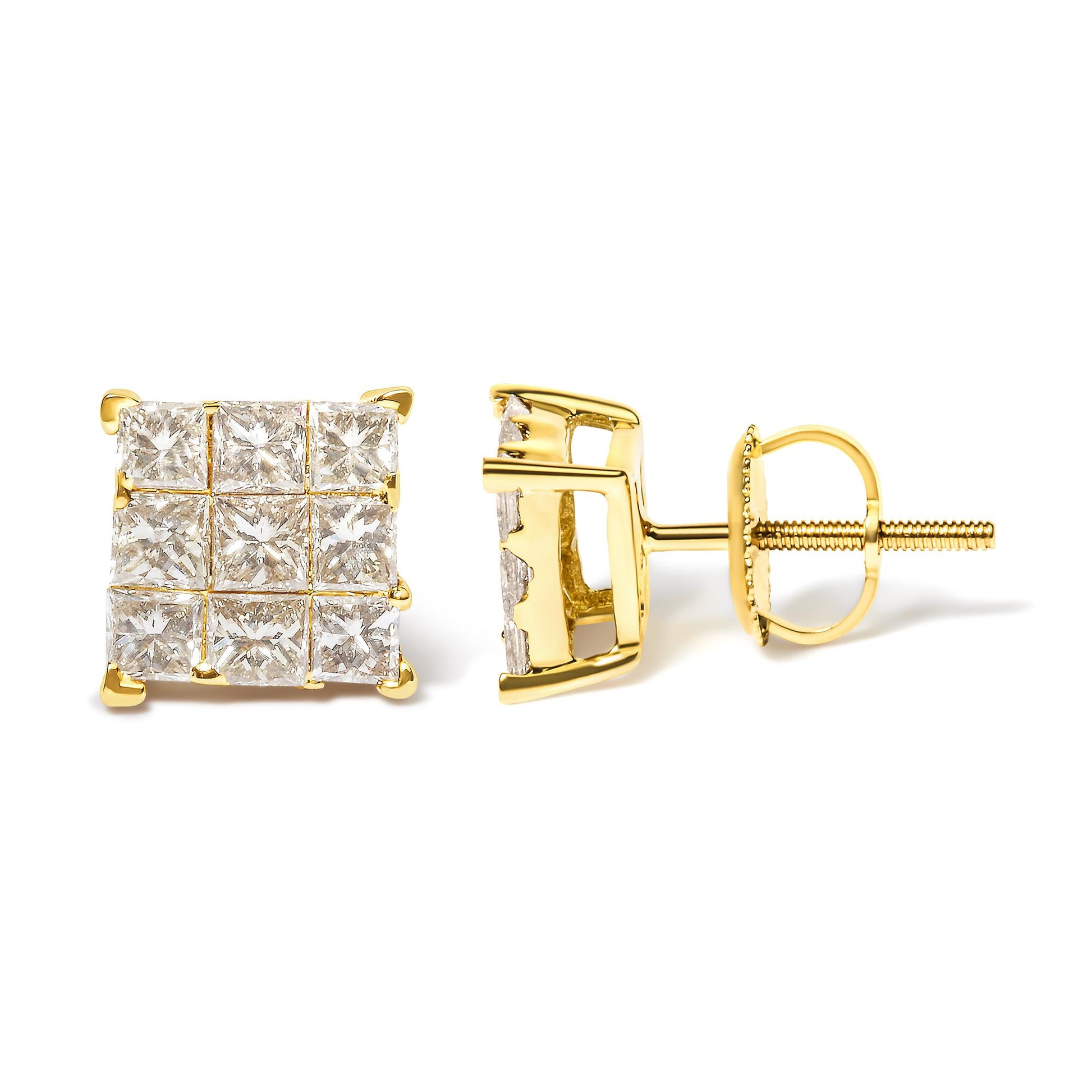 Front and side view of yellow metal stud earrings with multiple white princess shape gemstones in invisible setting.