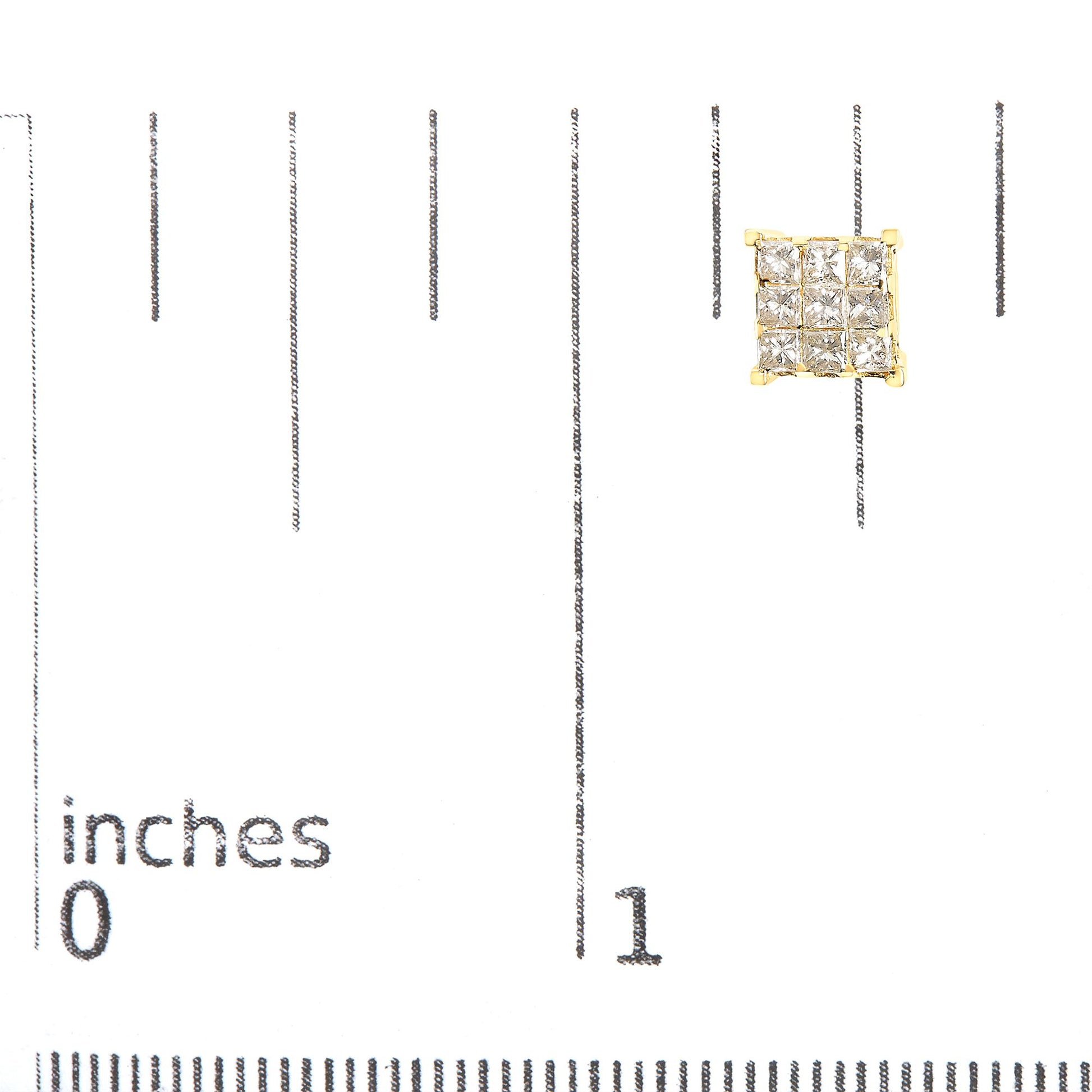 Close-up top-down view of a yellow metal square earring with multiple white princess shape gemstones in an invisible setting, placed on a ruler for size reference.