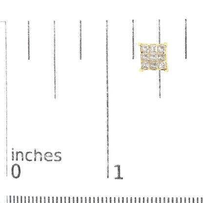 Close-up top-down view of a yellow metal square earring with multiple white princess shape gemstones in an invisible setting, placed on a ruler for size reference.