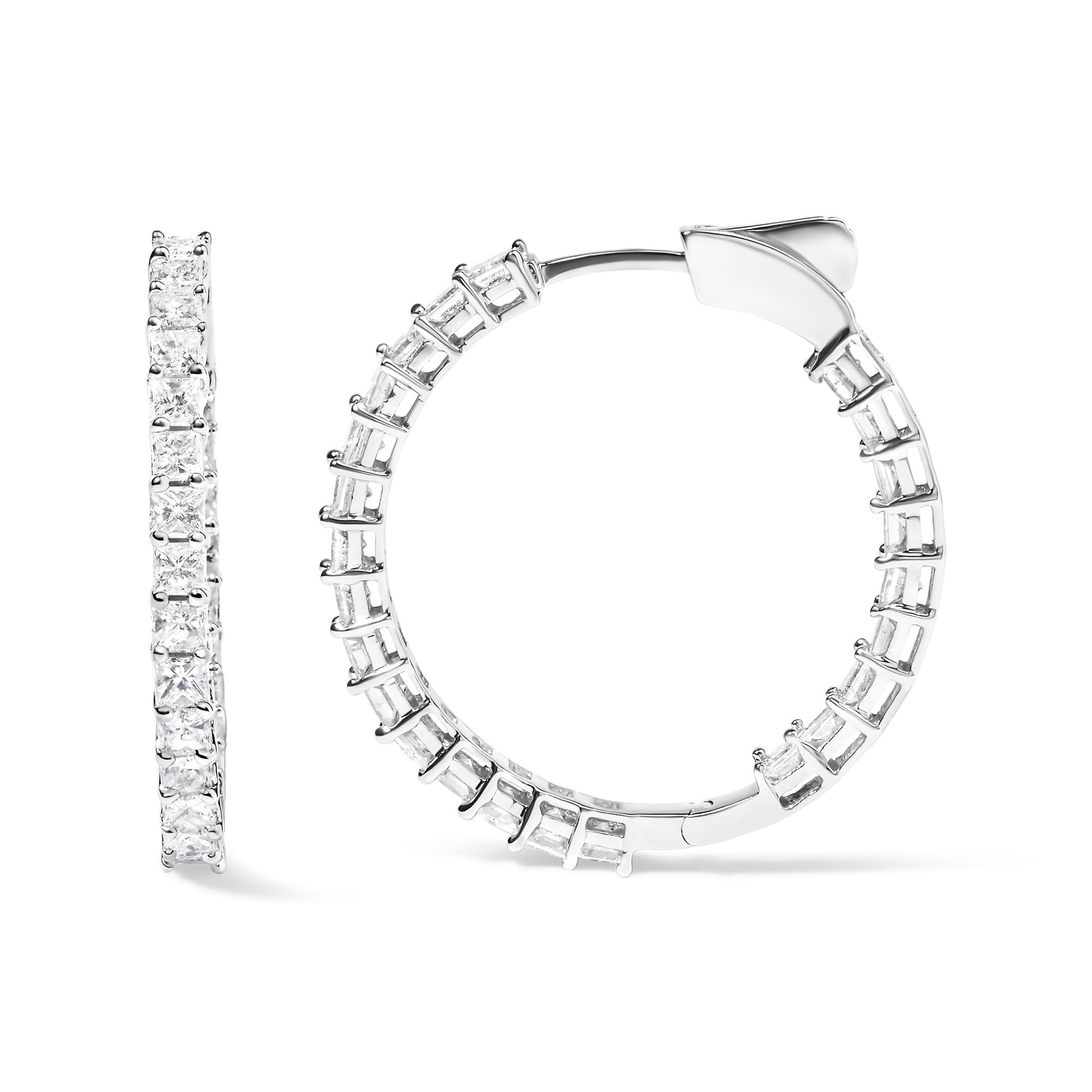 White metal hoop earrings with white princess-shaped gemstones in shared prong settings, shown in front and side views on a white background.