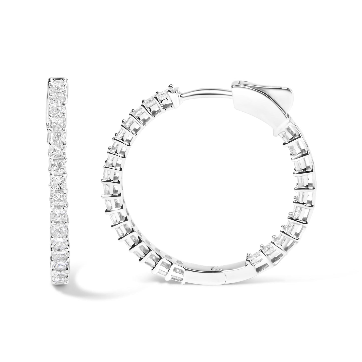 Close-up front and side view of white metal hoop earrings set with multiple princess shape white gemstones in shared prong settings.