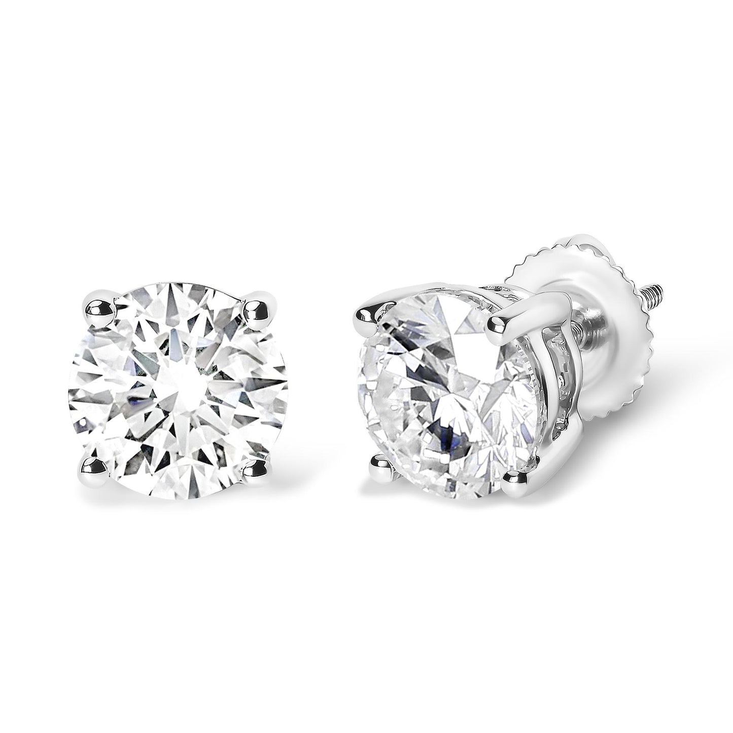 Pair of white metal stud earrings with round white gemstones in four-prong settings, shown from a front and angled side view.