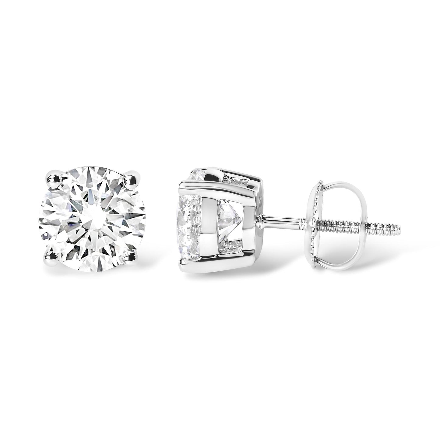 Pair of white metal stud earrings with round white gemstones in 4-prong settings, shown from front and side angles on a white background.