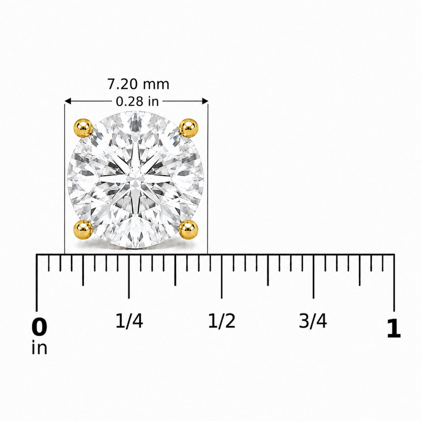 Close-up front angle of a single yellow metal earring featuring a round white gemstone in a four-prong setting shown on a measurement scale.
