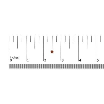 Close-up front view of a single round orange gemstone in a three-prong white setting on a ruler for size reference.