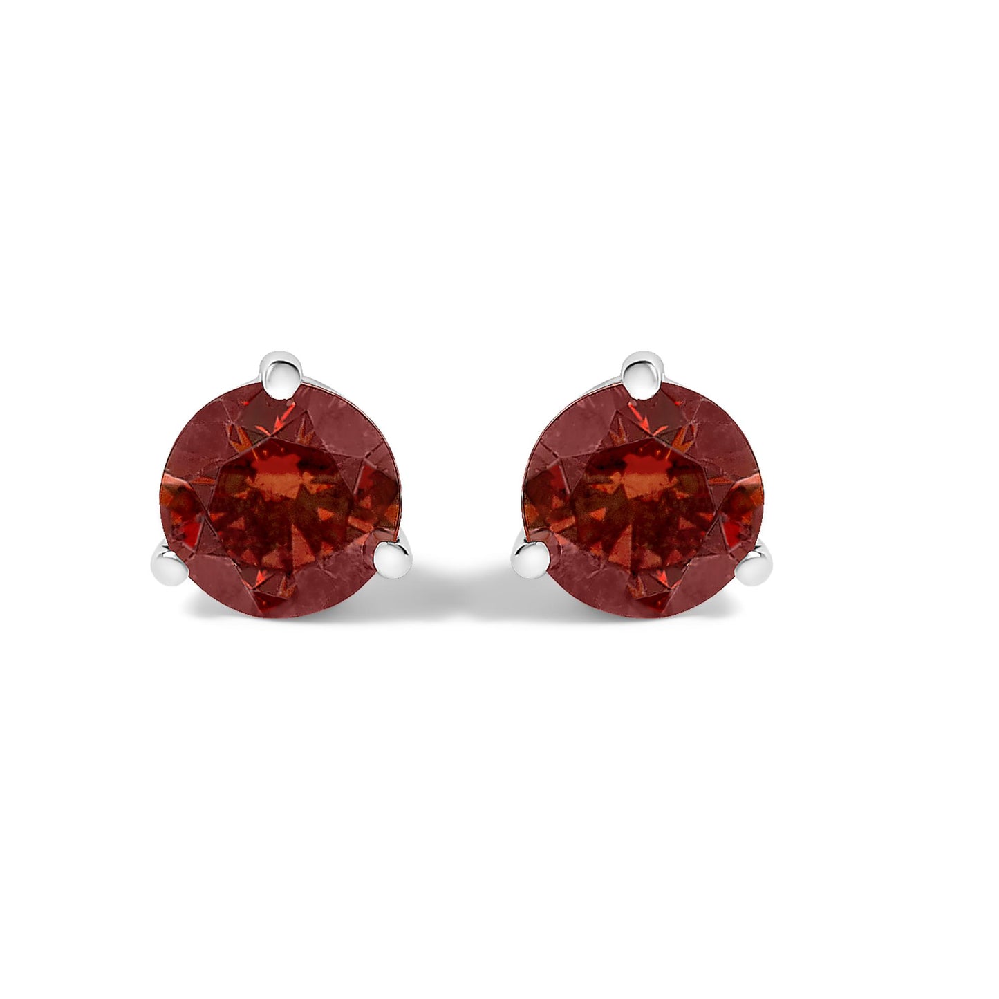 Pair of white metal stud earrings with round red gemstones in 3-prong settings, shown from the front on a white background.