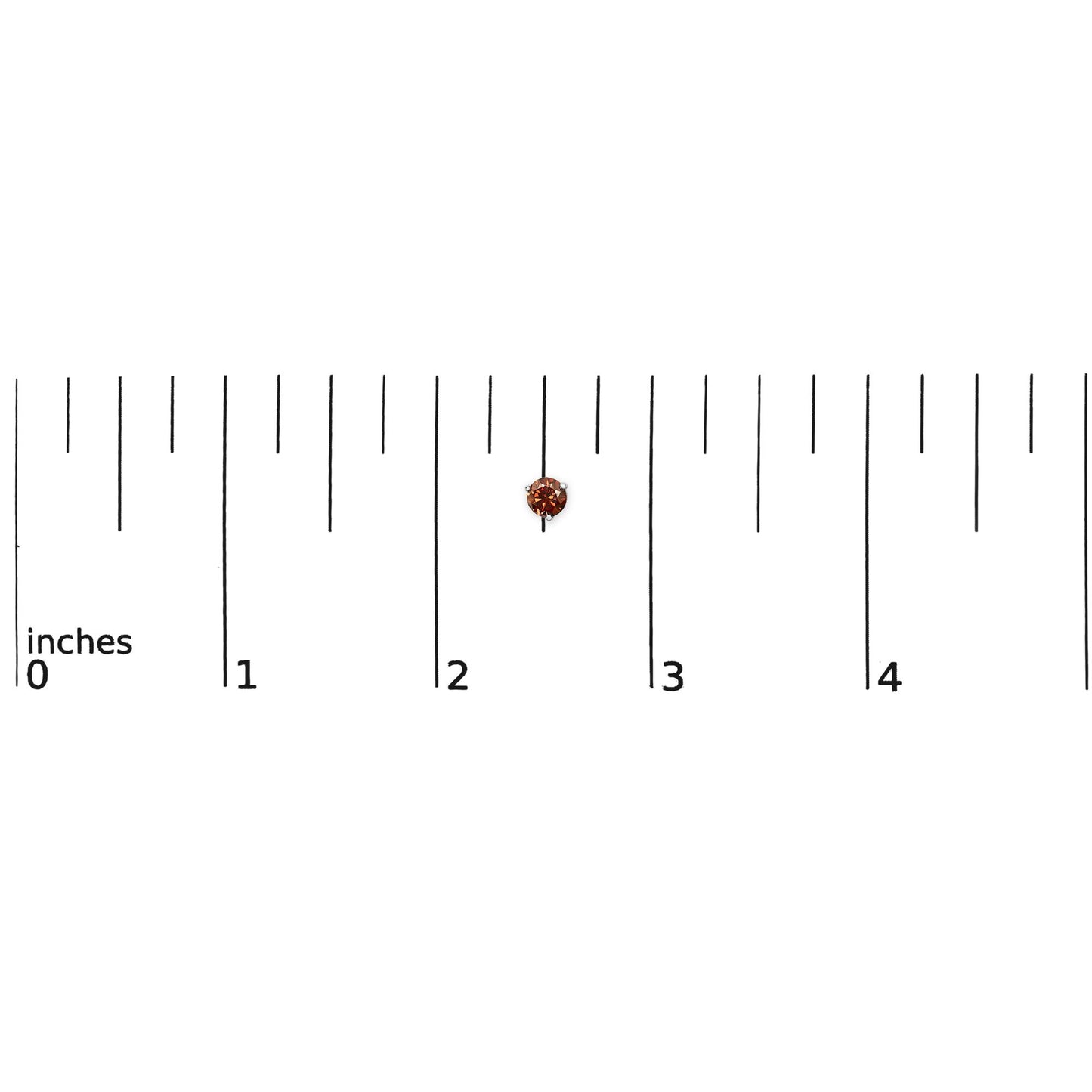 White metal stud earring with round red gemstone in 3-prong setting, shown on a ruler scale from top angle.