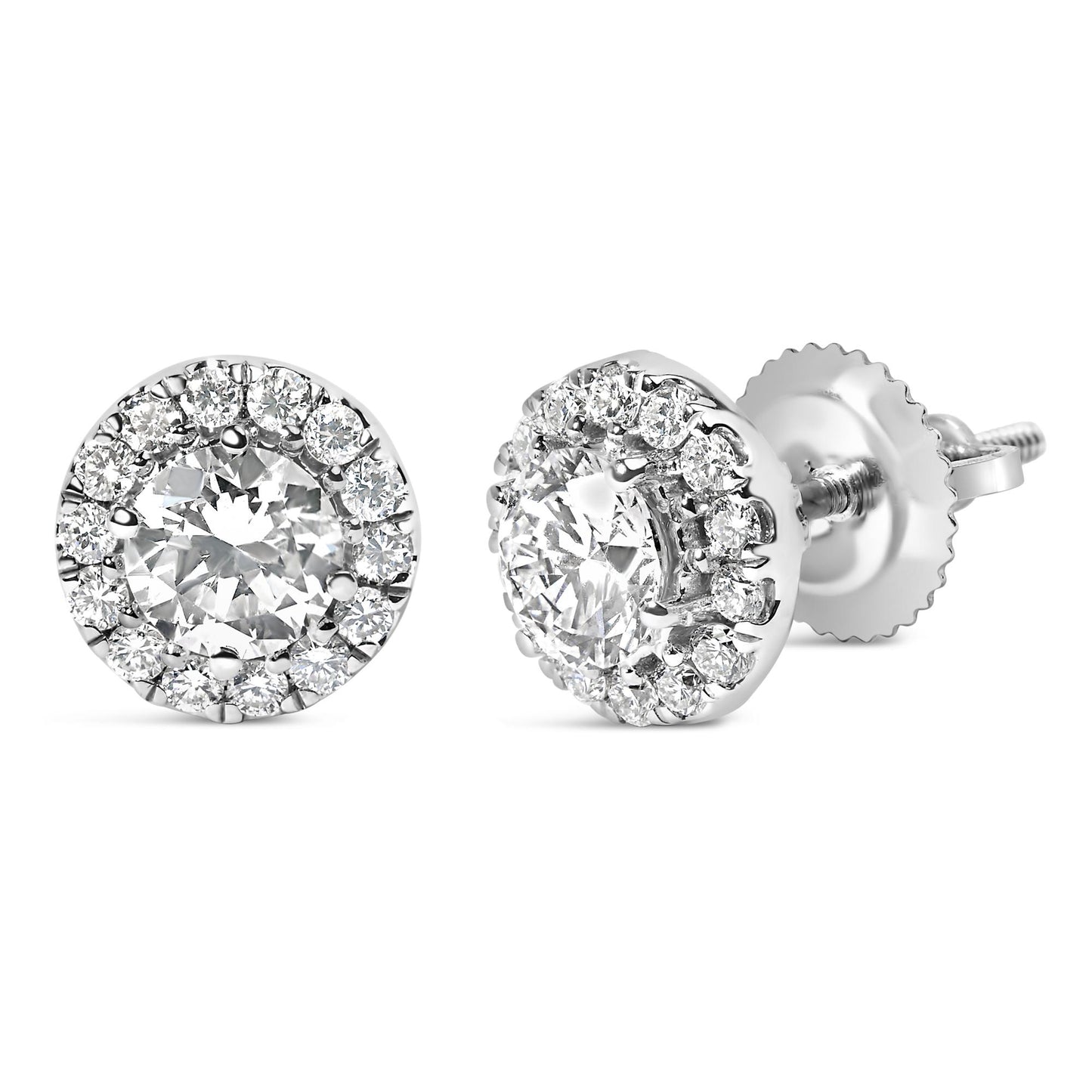 Close-up front and side angled view of white metal stud earrings featuring a central round white gemstone surrounded by a halo of smaller round white gemstones in prong settings.