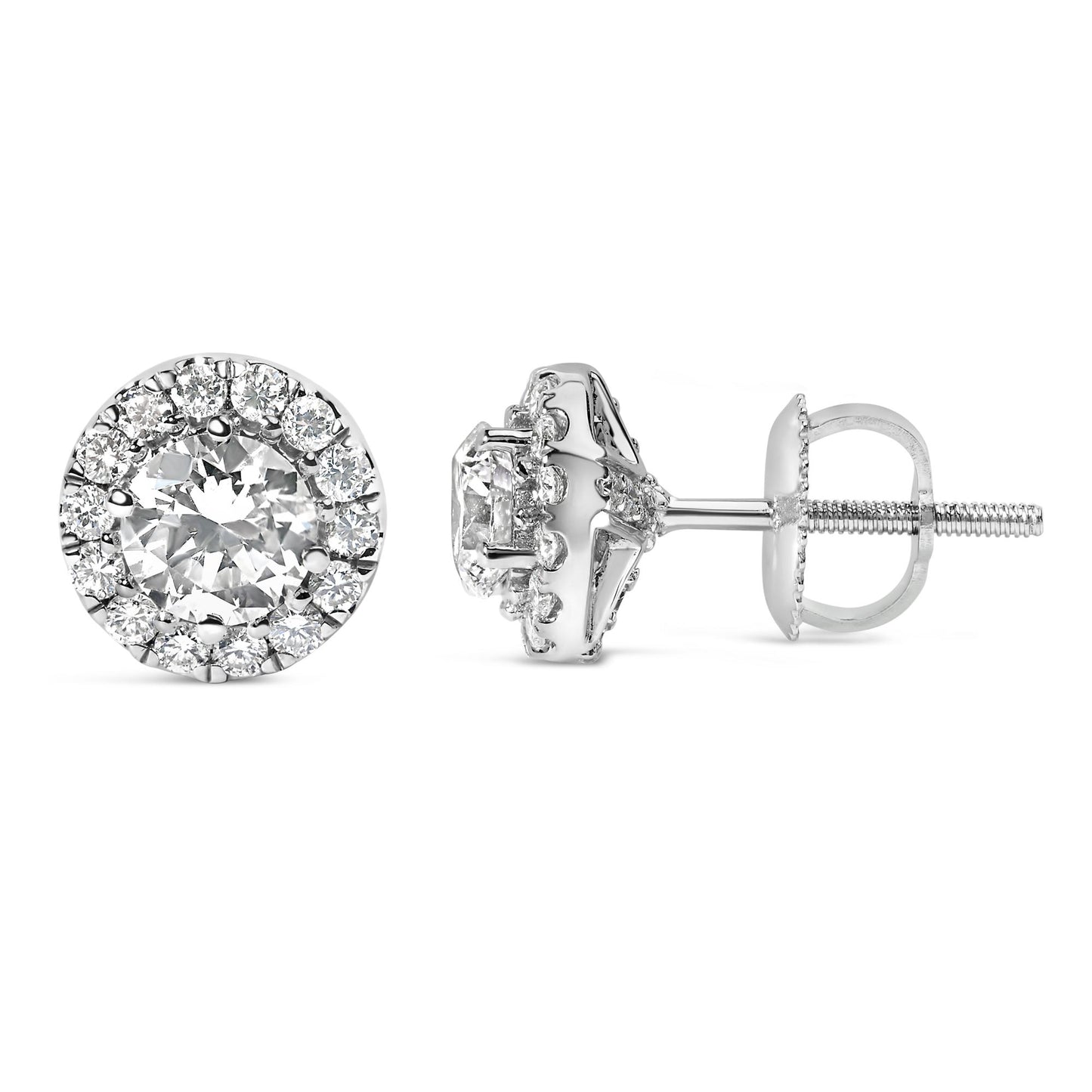 Pair of white metal stud earrings with round white gemstones in prong settings, shown from front and side angles.