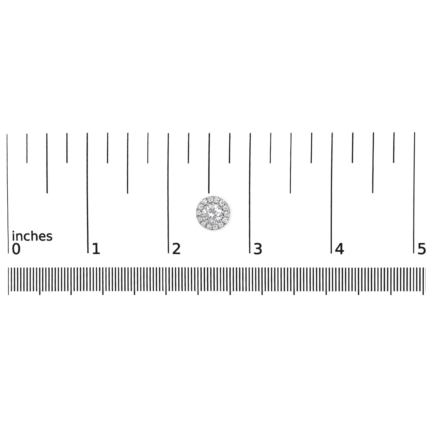 White metal round earrings with prong-set white gemstones in a cluster design, shown on a ruler for size reference, top-down angle.